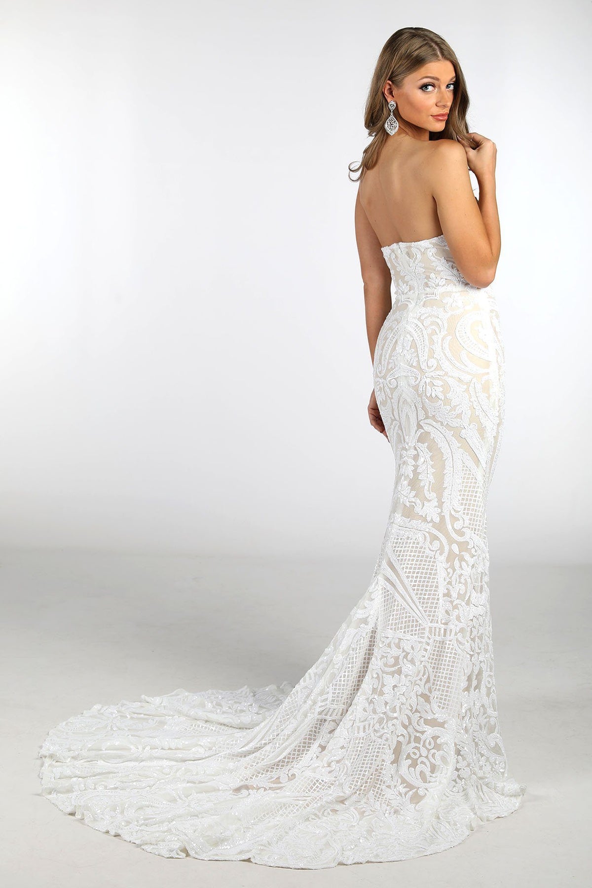 Open Back Long Train Design of White Embroidered Pattern Sequin with Nude Lining Floor Length Evening Dress with Strapless Sweetheart Neckline and Mermaid Skirt