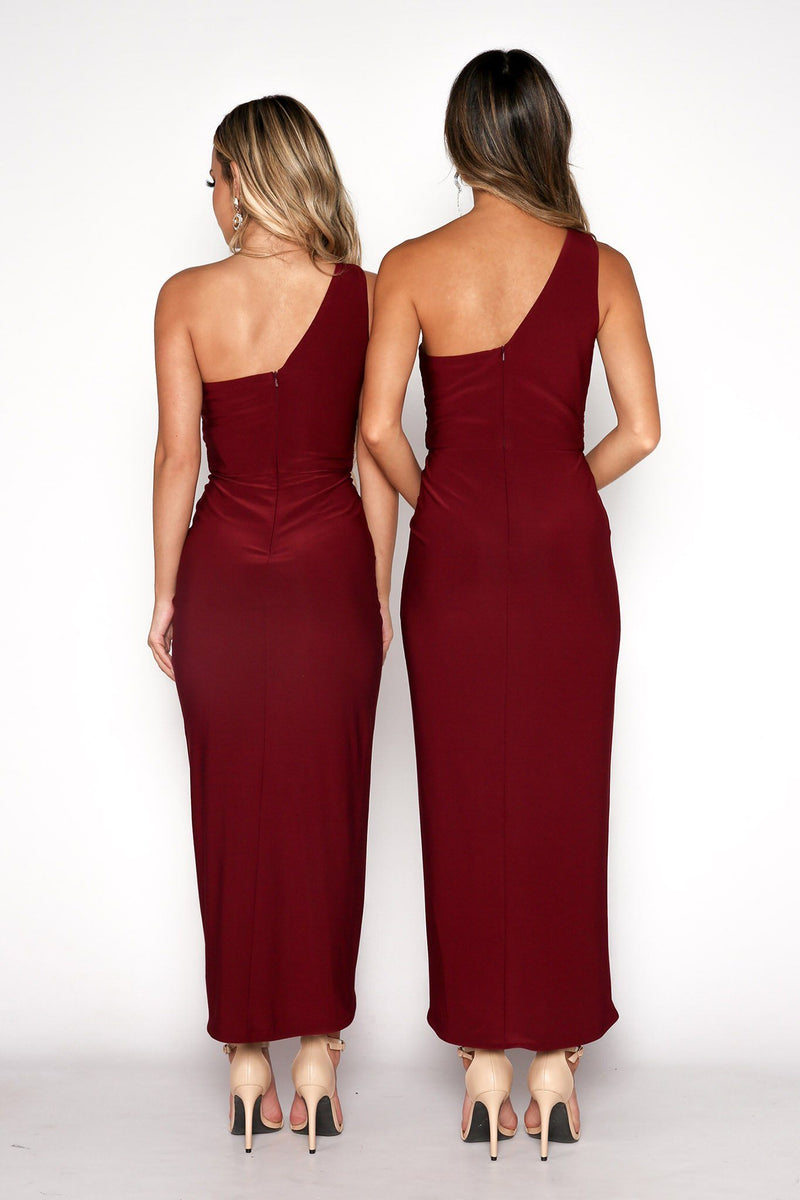 Deep Red Midi Dress with One Shoulder Neckline, Faux-wrap Front Design and Asymmetrical Skirt with Centre Front Split