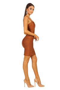 Brown mini bandage dress with subtle sweetheart neckline and shoulder straps