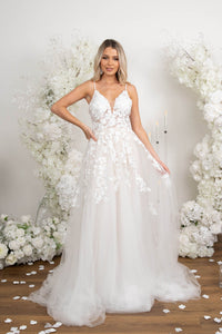Ivory White Romantic Tull A-line Wedding Dress with Hand-Sewn Floral Lace Motifs, Pearl Beaded Spaghetti Straps, V Neck, Full Airy A-line Skirt and Chapel Train