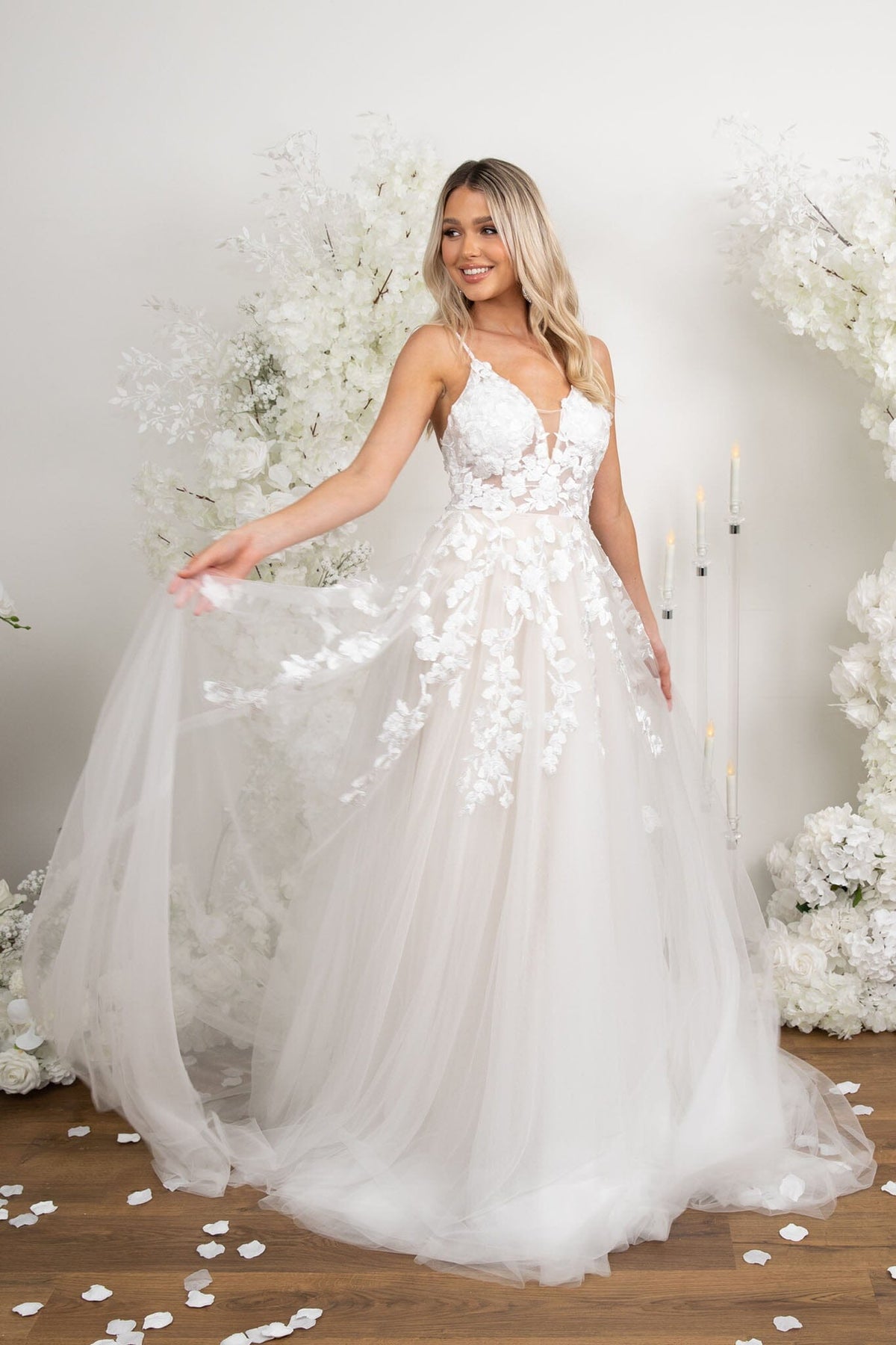 Ivory White Tull A-line Bridal Gown with Hand-Sewn Floral Lace Motifs, Pearl Beaded Spaghetti Straps, V Neck, A-line Layered Tulle Skirt and Chapel Train