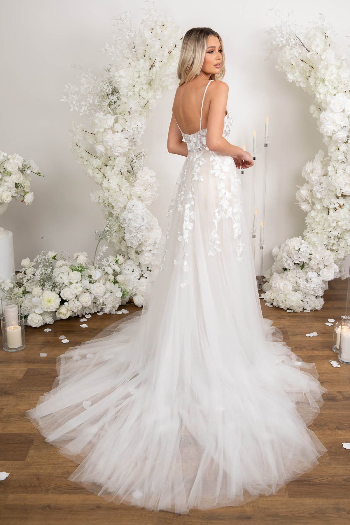 Back Image of Ivory White Romantic Tull A-line Wedding Dress with Hand-Sewn Floral Lace Motifs, Pearl Beaded Spaghetti Straps, V Neck, Full Airy A-line Skirt and Chapel Train