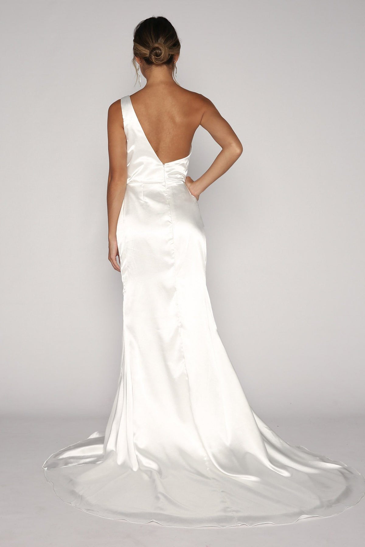 Ivory White Satin Evening Gown featuring One Shoulder Design, Gathering Ruched Waist Detail, Thigh High Slit and Sweep Train