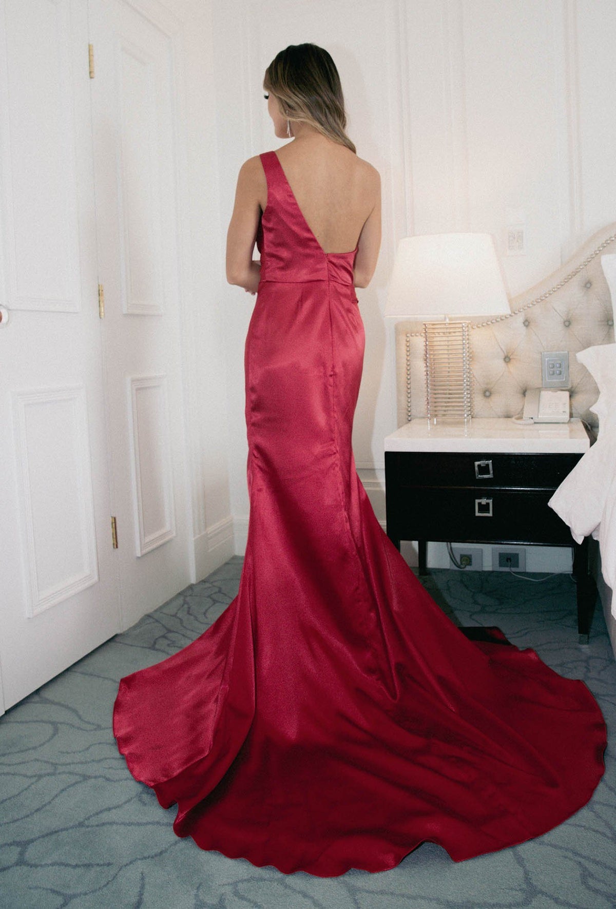 Kendra One Shoulder Satin Gown - Deep Red - View 5 | Shop Formal Dress
