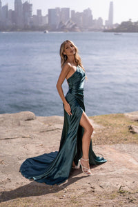 Emerald Green Satin Full Length Evening Gown featuring One Shoulder Design, Gathering Ruched Waist Detail, Thigh High Slit and Sweep Train