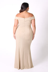 Back Image of Plus Size Off The Shoulder Maxi Dress with Gathering Detail in Shimmer Gold