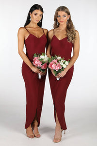 Deep Red Bridesmaid Dress with Faux Wrap Front Design and Asymmetrical Slim-Fit Skirt with Centre Split