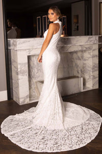 White Lace Bridal Gown with High Neckline, Fit & Flare Trumpet Silhouette and Floor Sweeping Train