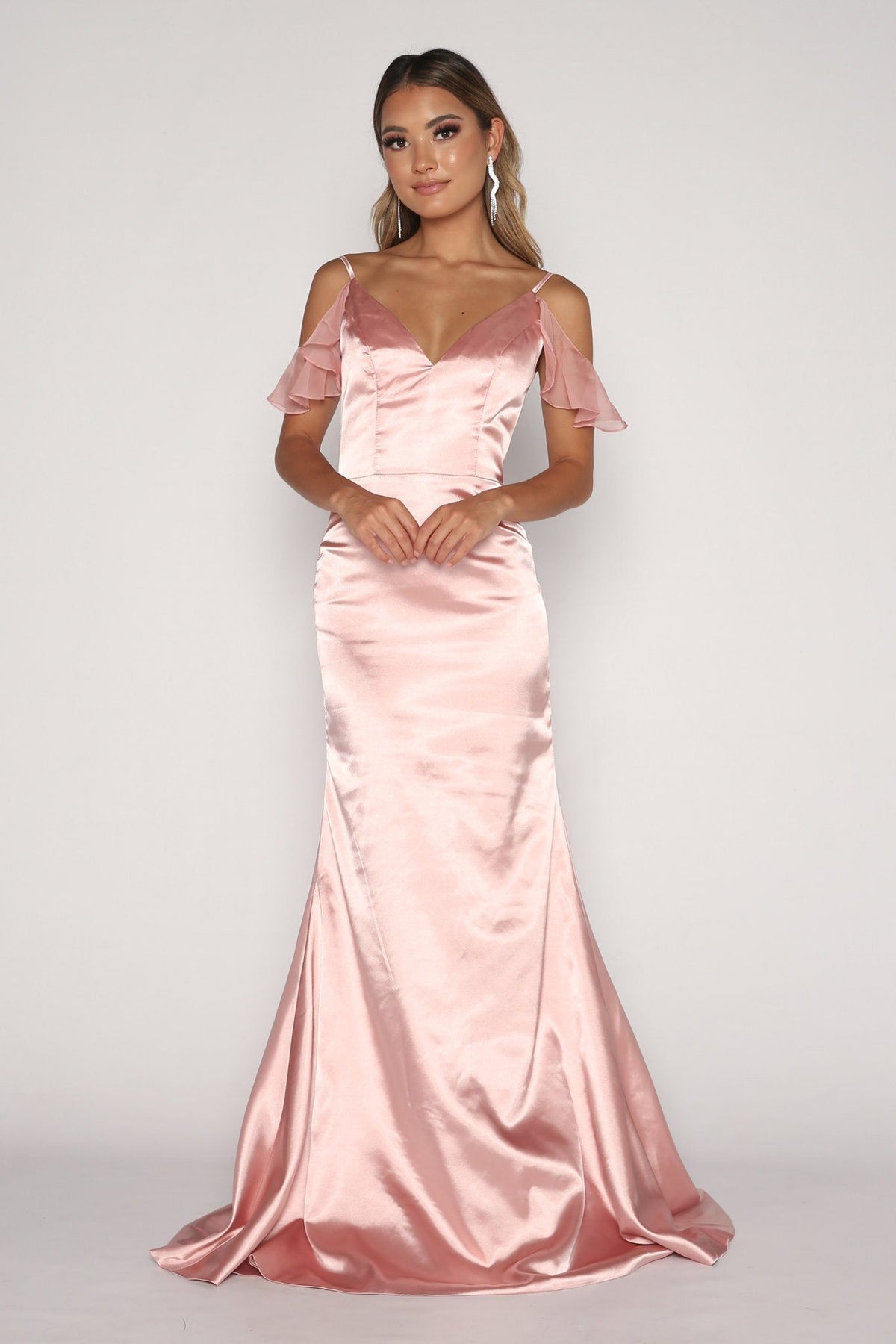 Light Pink Satin Floor Length Maxi Dress with V-neckline, Cascading Ruffle Sleeve Detail, Thin Shoulder Straps, Open Back and Fit and Flare Silhouette