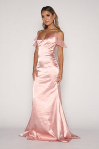 Light Pink Satin Floor Length Maxi Dress with V-neckline, Cascading Ruffle Sleeve Detail, Thin Shoulder Straps, Open Back and Fit and Flare Silhouette