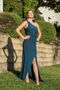 Maxi-Length Dress with Asymmetrical One Shoulder Neckline, Ruched Waist, Above Knee High Slit, and a Column Styled Silhouette in Deep Teal Green Colour