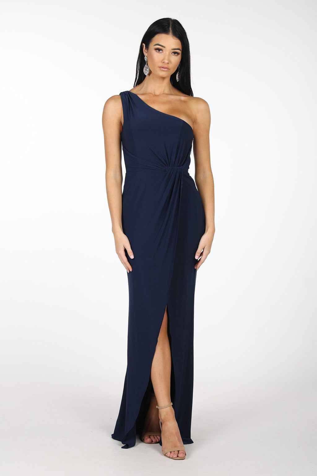 Deep Navy Blue One Shoulder Full Length Formal Dress with Asymmetrical One Shoulder Neckline, Ruched Waist, Above Knee Slit, and a Column Styled Silhouette