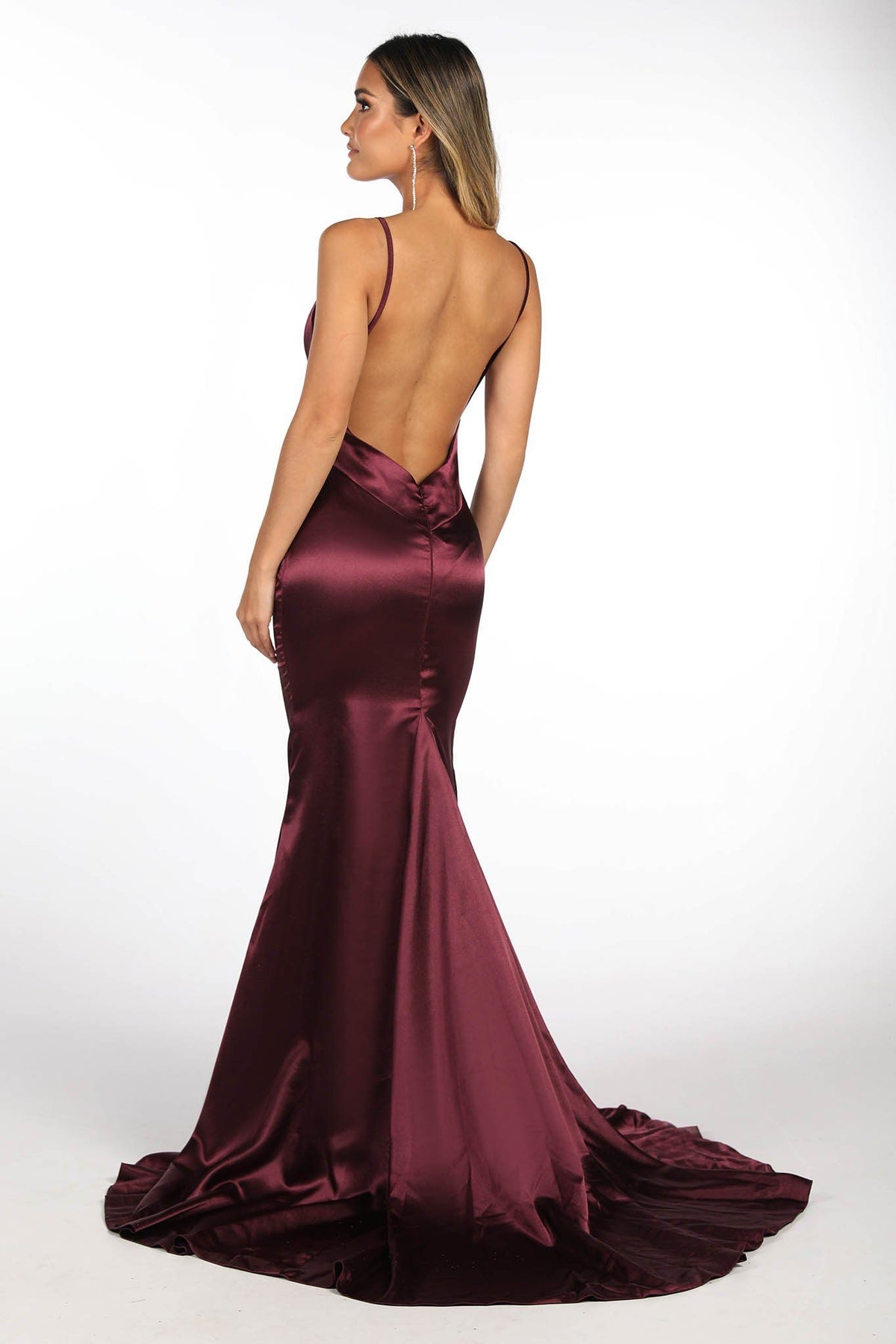 Backless Design with Invisible Back Zip of Deep Purple Satin Full Length Evening Long Dress with Deep V Neckline, Thin Shoulder Straps, Open V Backless Style and Sweep Train