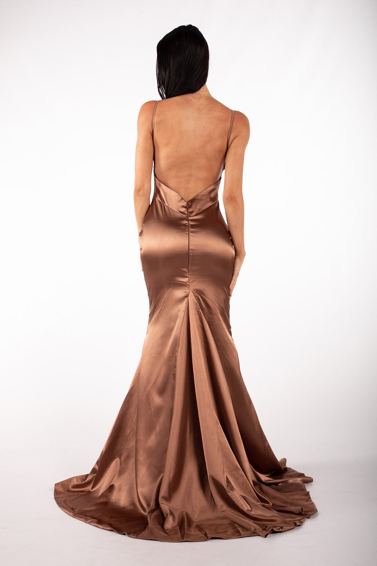 Backless Design of Brown Satin Full Length Mermaid Evening Gown with V Neck and Sweep Train