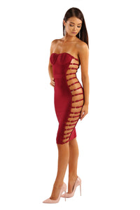 Maroon wine red strapless knee length bandage dress subtle sweetheart neckline side cutouts with faux gold buttons
