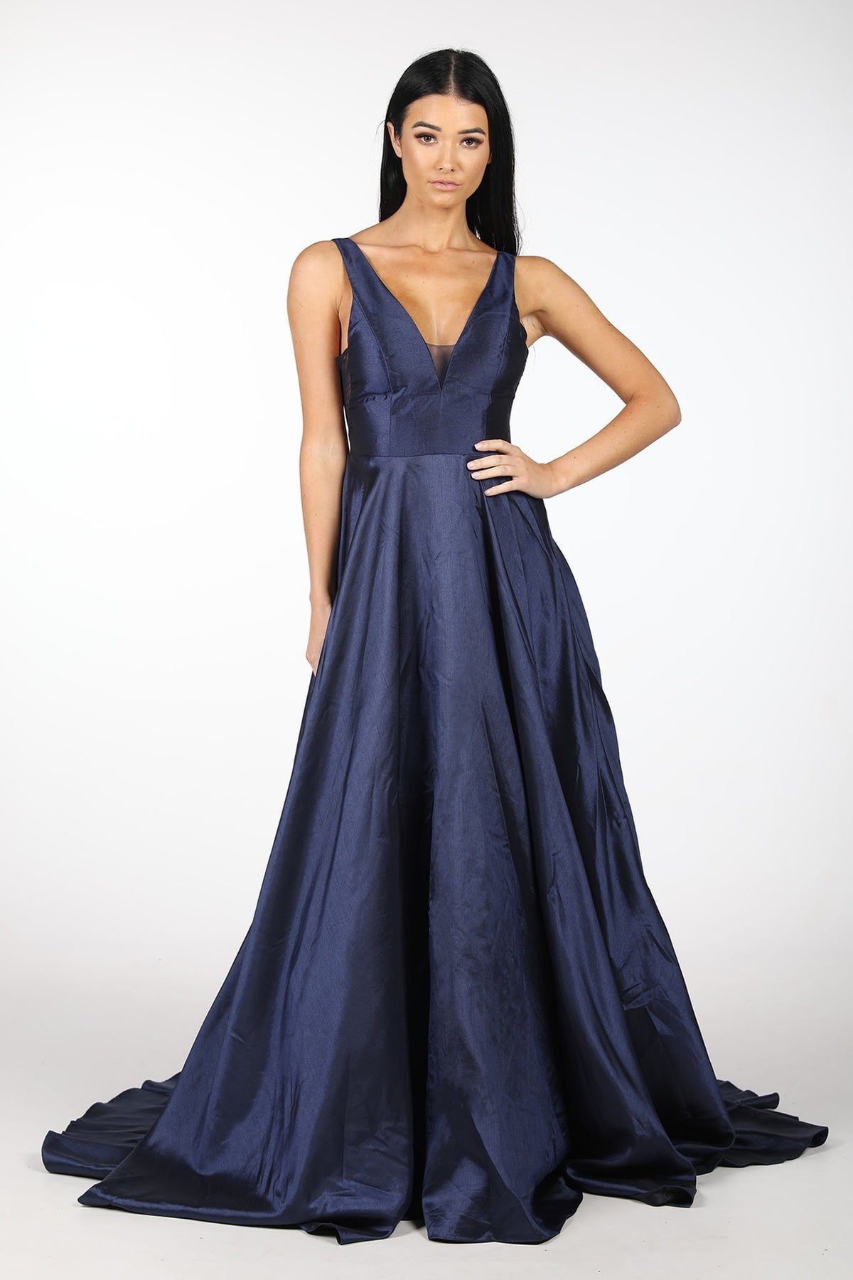 Navy Satin Ball Gown with V-Neck and V Open Back