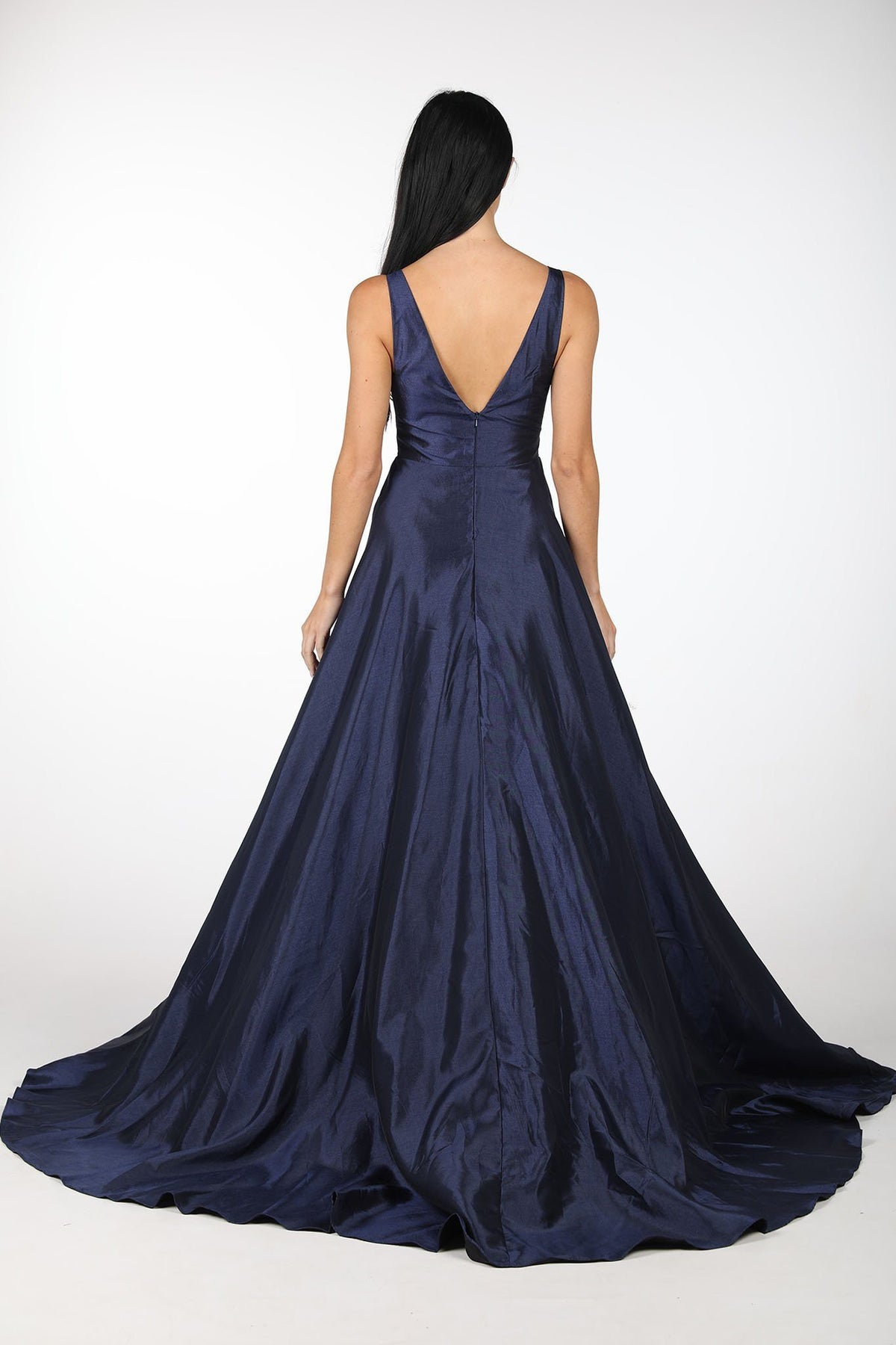 Back Image of Navy Satin Ball Gown with V-Neck and V Open Back Showing Wide Flared Skirt