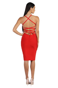 Red knee length bodycon bandage dress with square neckline and lace-up back design
