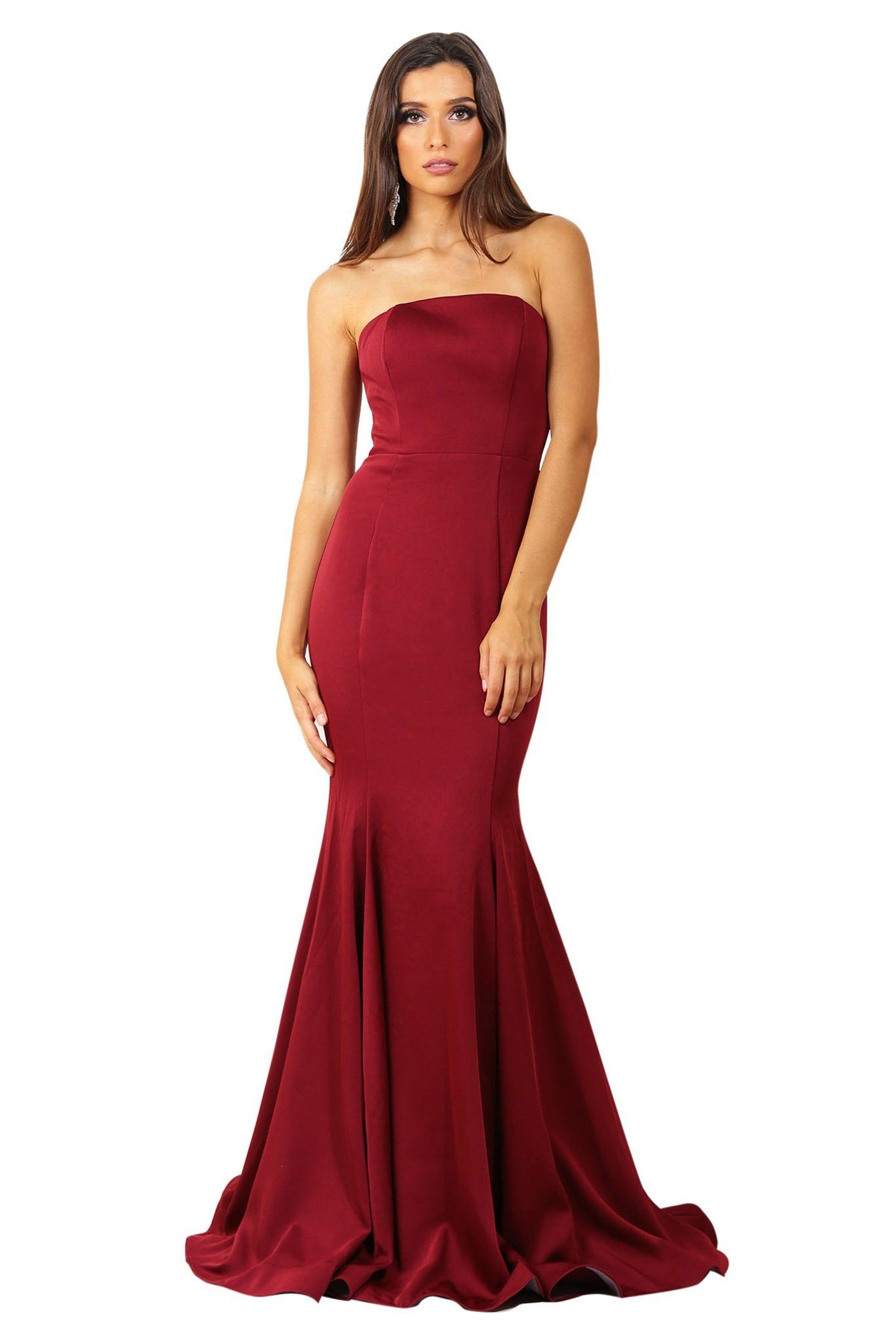 Wine red colored strapless straight neckline boned bodice fitted evening gown with floor sweeping train