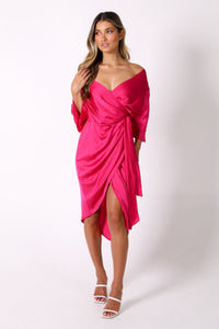 Fuchsia Bright Pink Off The Shoulder Long Sleeve Satin Midi Dress with Faux Wrap Design