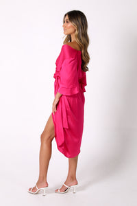Side Image of Fuchsia Bright Pink Off The Shoulder Long Sleeve Satin Midi Dress with Faux Wrap Design