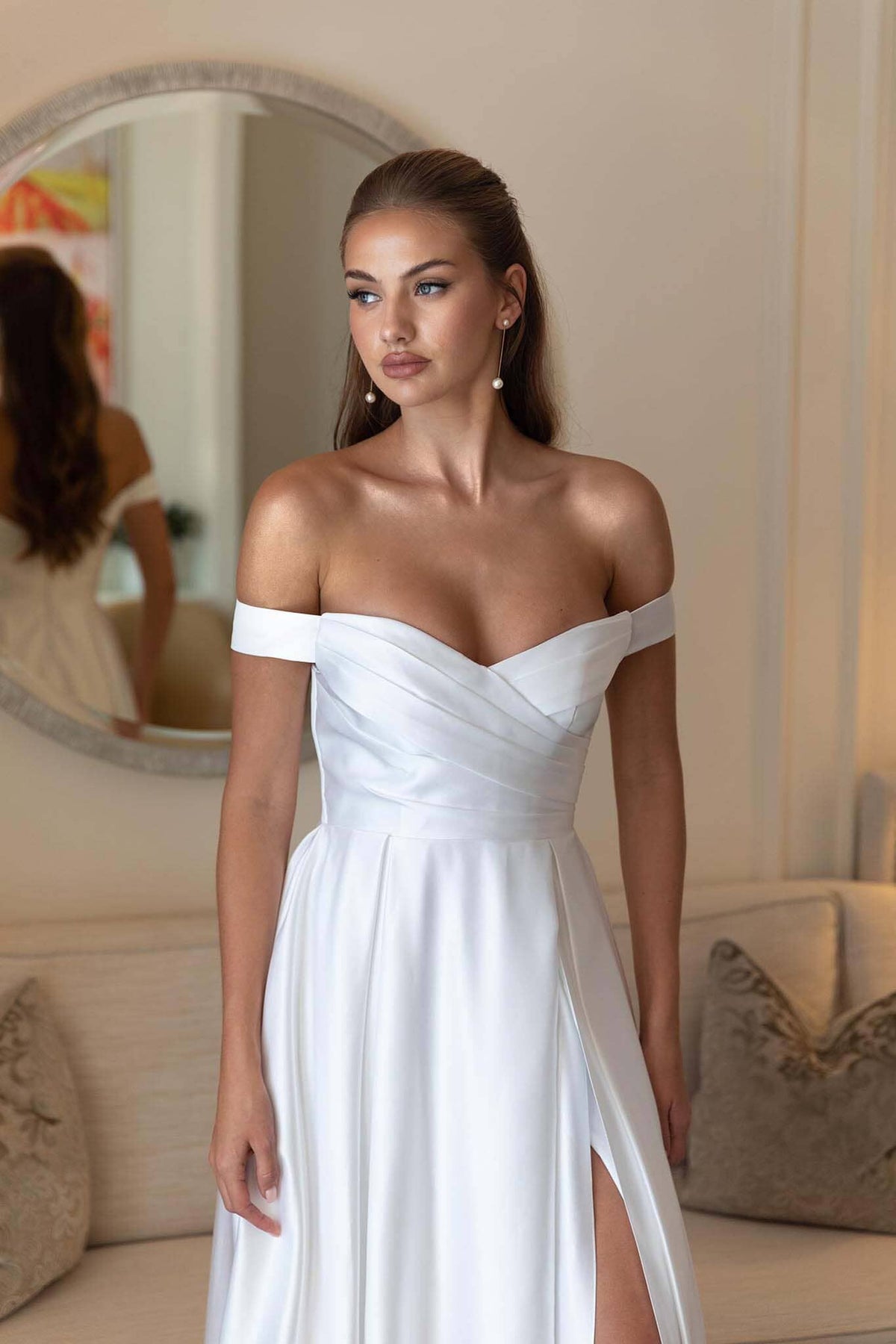 AUDREY Off-Shoulder A-line Satin Gown - White Noodz Boutique AUDREY Off-Shoulder A-line Satin Gown - White Noodz Boutique