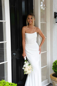 White Minimalist Satin Bridal Gown with Strapless Scoop Neckline and Gathered Detail