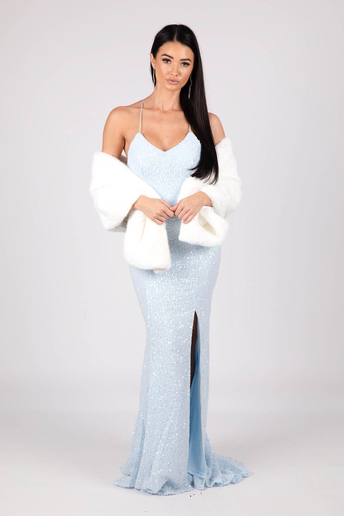 White Faux Fur Shawl worn with Floor Length Evening Gown