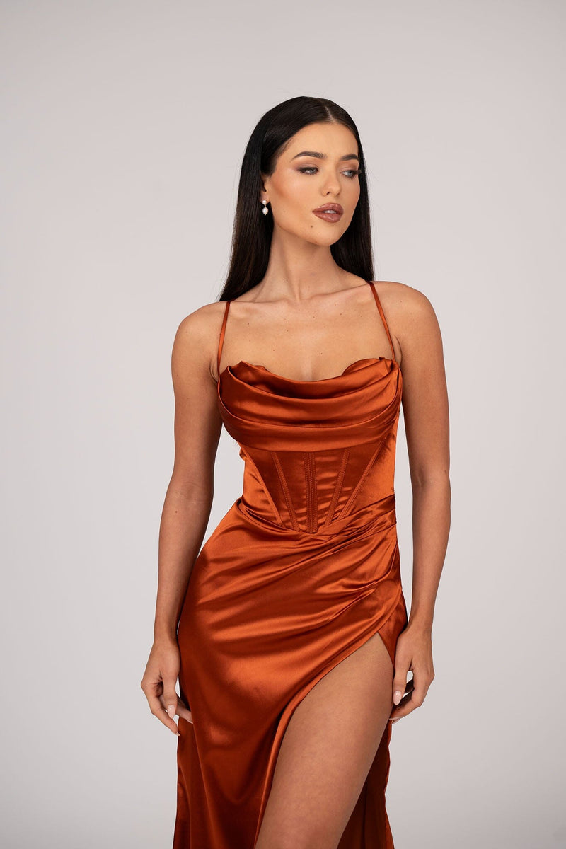 A-line Beaded V-neck Pleated Corset Dress With Slit Burnt Orange