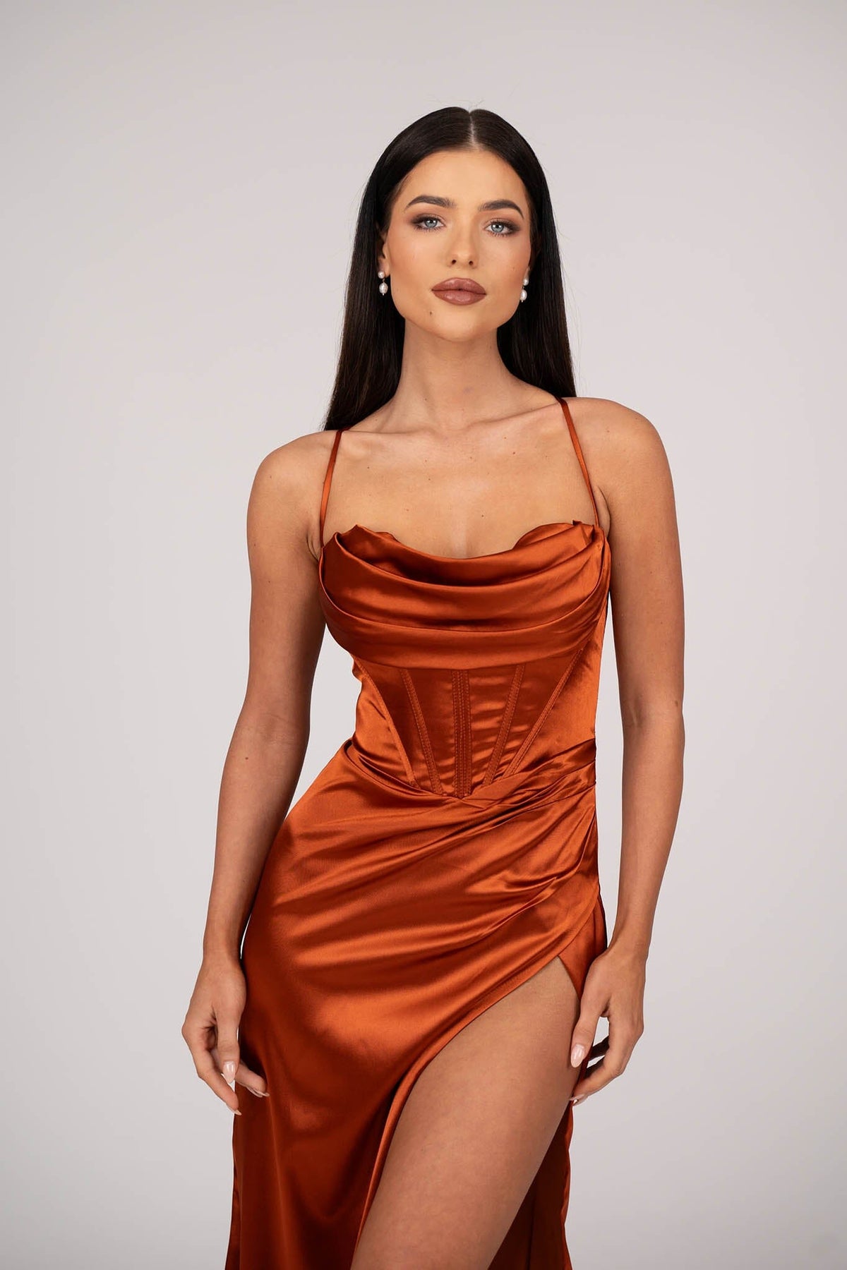 In The Style Exclusive satin cowl neck midi dress in orange