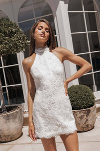 ADELE ivory beaded lace mini wedding dress featuring a high halter neckline, delicate lace trim and relaxed fit