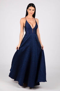 Navy A-line Ball Gown with Deep V-neck, Mesh Insert and Lace Up Open Back