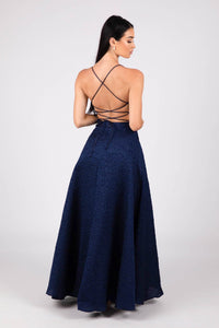Lace Up Open Back Design of Navy A-line Ball Gown with Deep V-neck
