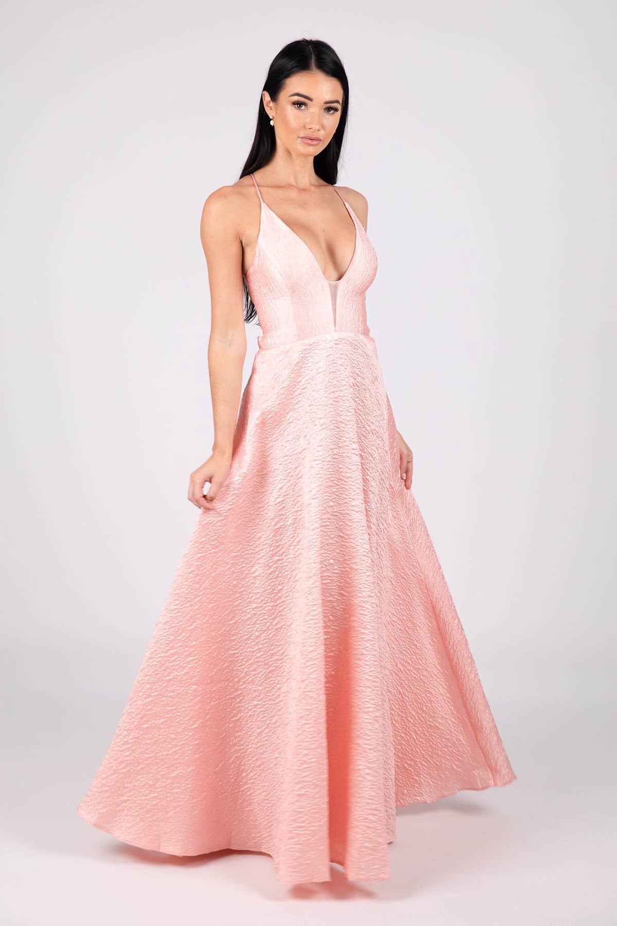 Light Pink A-line Ball Gown with Deep V-neck and Mesh Insert