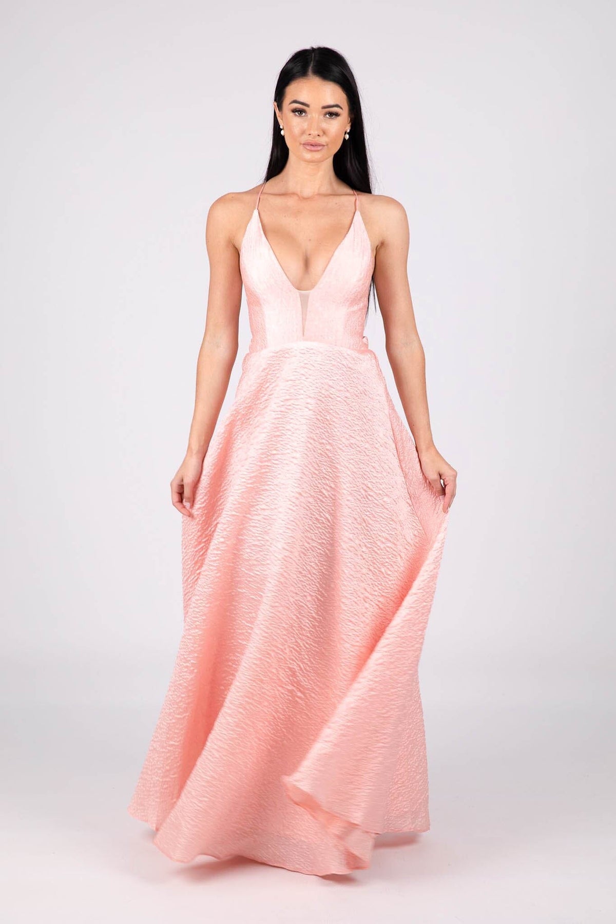 Light Pink A-line Ball Gown with Deep V-neck, Mesh Insert and Lace Up Open Back