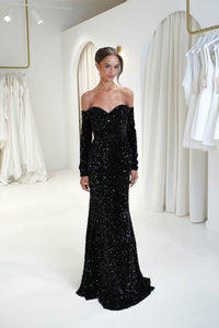 Black off the shoulder sweetheart long sleeve velvet sequin mermaid formal gown
