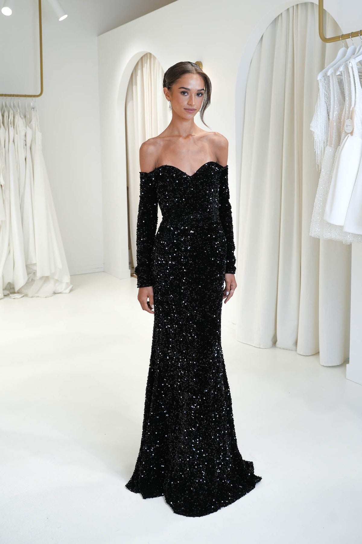 Black off the shoulder sweetheart long sleeve velvet sequin mermaid formal gown