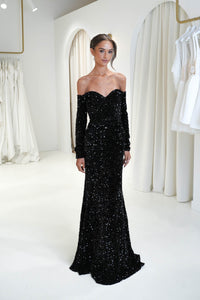 Black off the shoulder sweetheart long sleeve velvet sequin mermaid formal gown