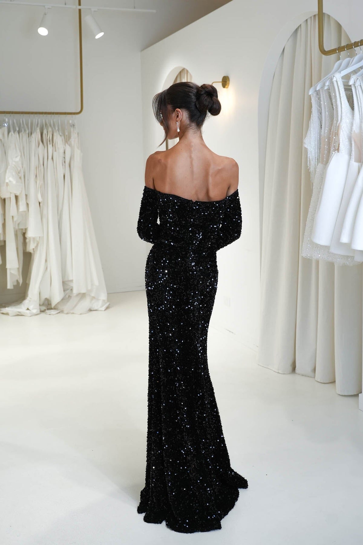 Amalia Off Shoulder Long Sleeve Velvet Sequin Gown in Black