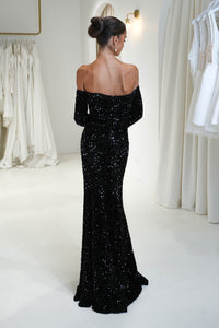 Amalia Off Shoulder Long Sleeve Velvet Sequin Gown in Black