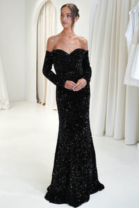 Black off the shoulder sweetheart long sleeve velvet sequin mermaid formal gown
