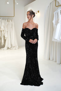 Black off the shoulder sweetheart long sleeve velvet sequin mermaid formal gown