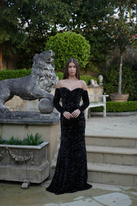 Amalia Off Shoulder Long Sleeve Velvet Sequin Gown in Black