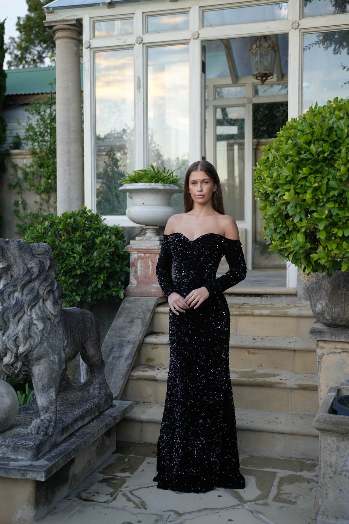 Amalia Off Shoulder Long Sleeve Velvet Sequin Gown in Black