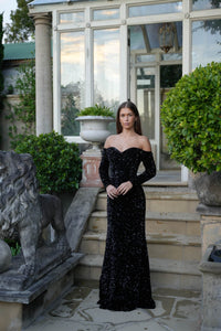 Amalia Off Shoulder Long Sleeve Velvet Sequin Gown in Black