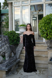 Amalia Off Shoulder Long Sleeve Velvet Sequin Gown in Black