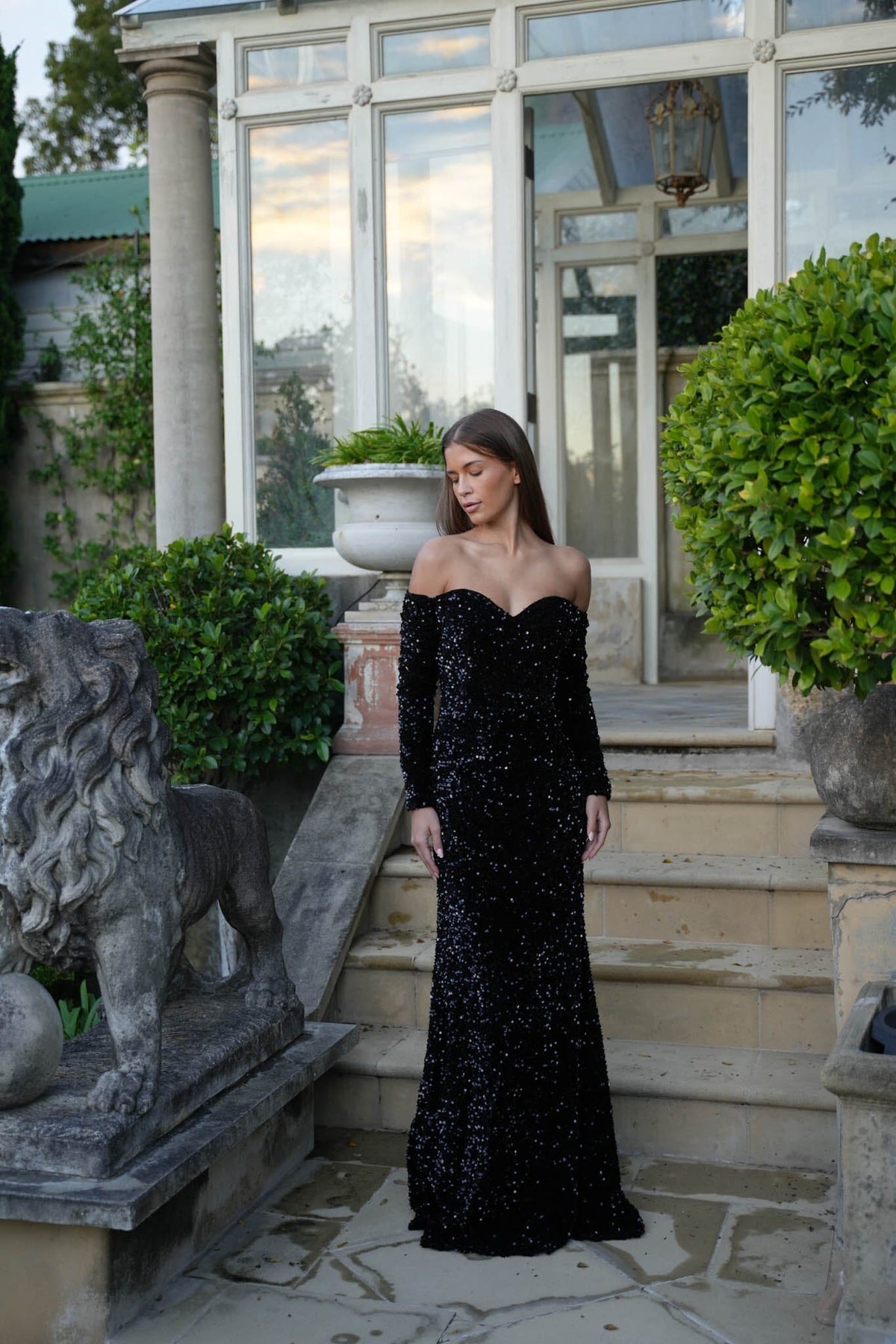 Amalia Off Shoulder Long Sleeve Velvet Sequin Gown in Black