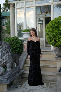 Amalia Off Shoulder Long Sleeve Velvet Sequin Gown in Black