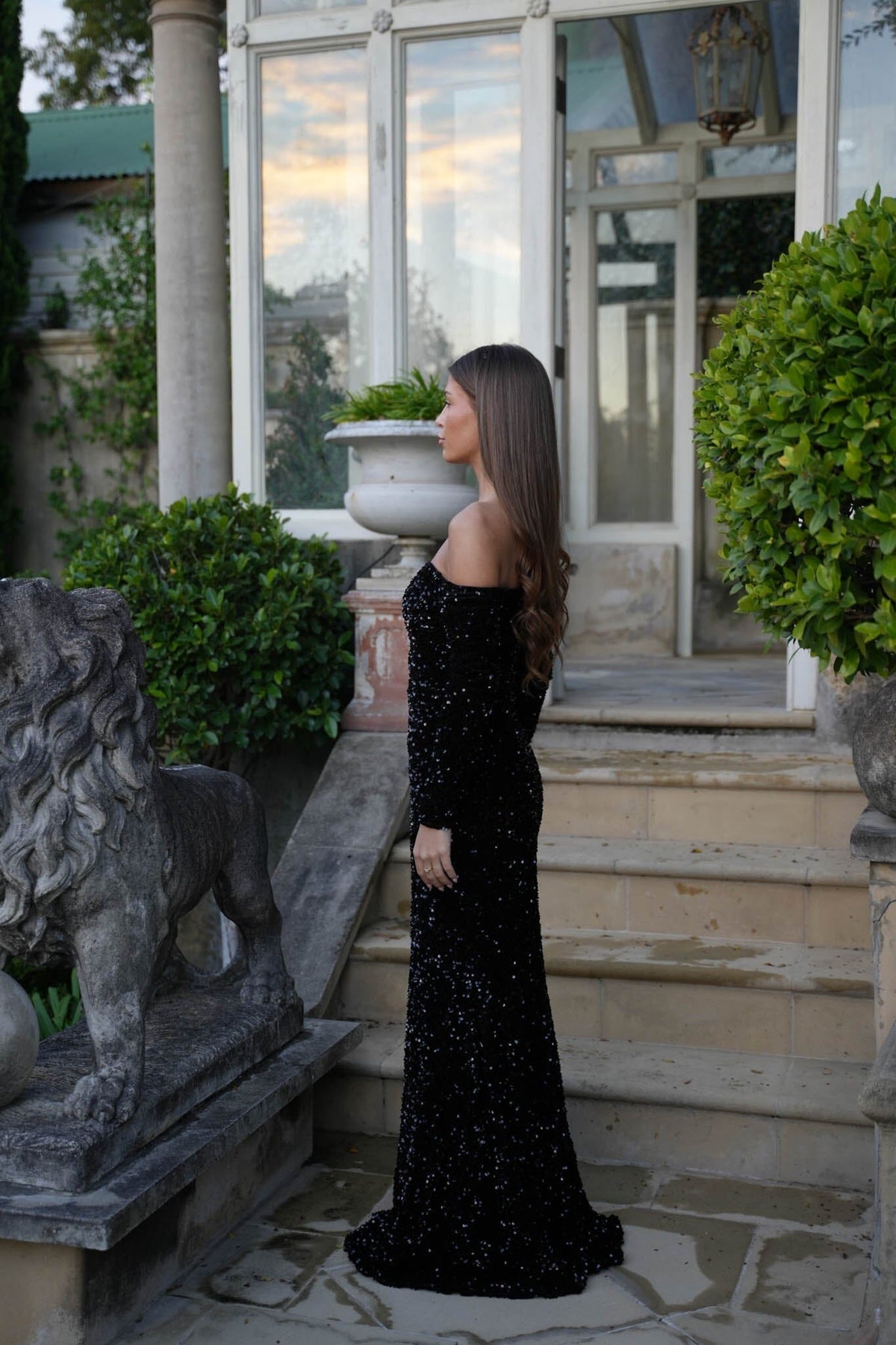 Amalia Off Shoulder Long Sleeve Velvet Sequin Gown in Black