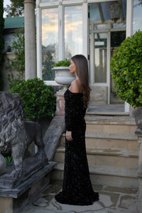 Amalia Off Shoulder Long Sleeve Velvet Sequin Gown in Black